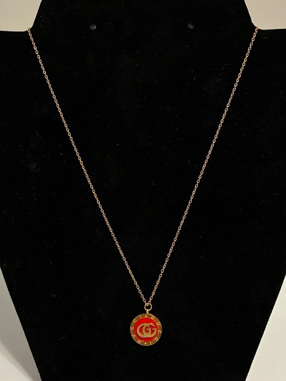 Vintage Gold Chain Necklace with Red Enamel Circle Disc Charm